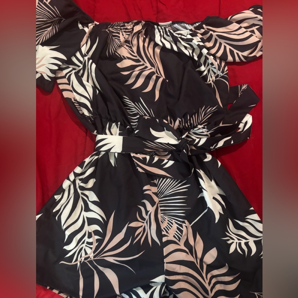 *New* Off-Shoulder Blackish Blue Dress/Romper with Blush & White Leaf Print